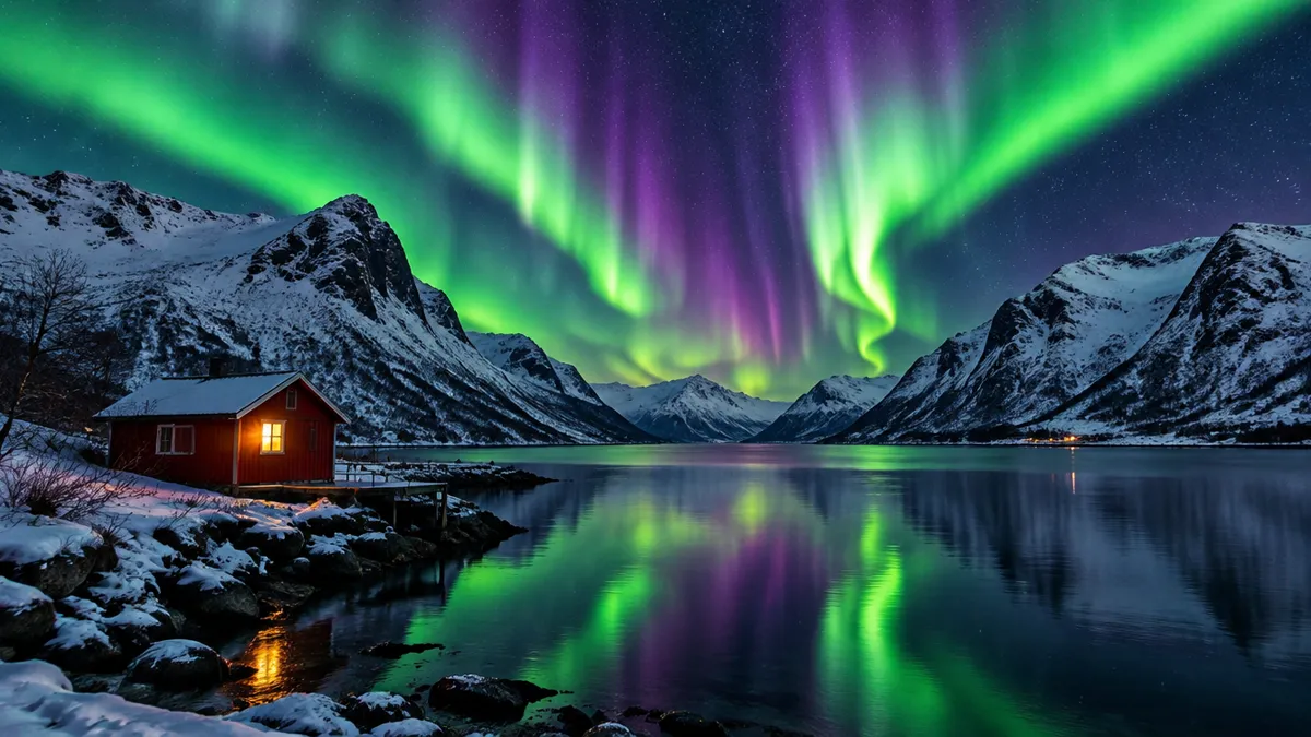 Northern lights over a Norwegian fjord and a red cabin