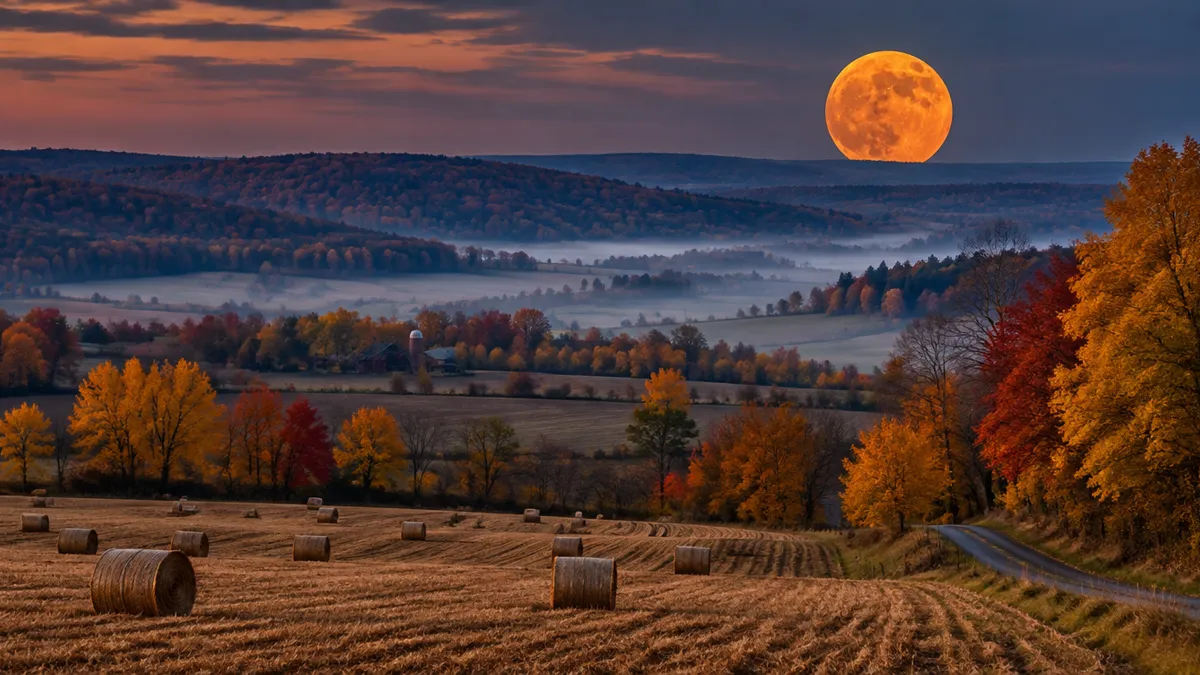 Orange Hunter’s Moon rising over autumn fields
