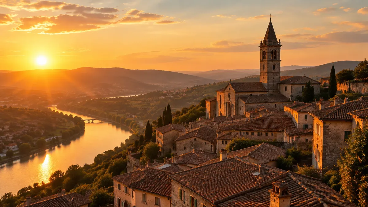Golden hour over an old hilltop town and river