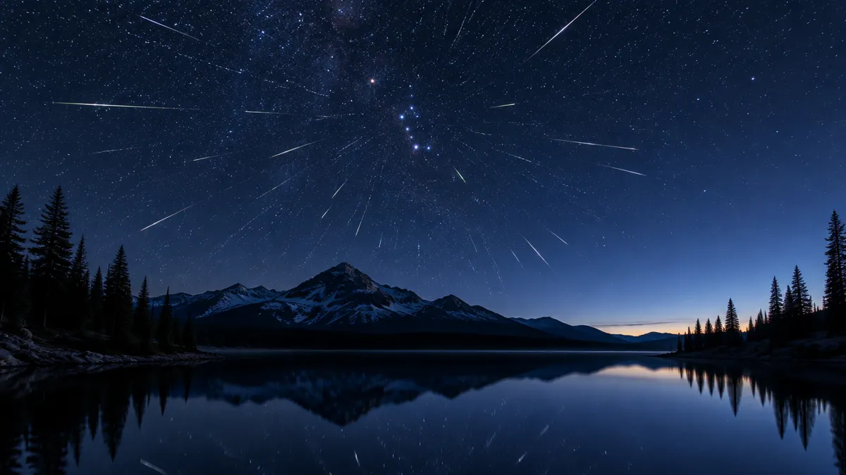 Orionid meteors over a mountain lake before dawn