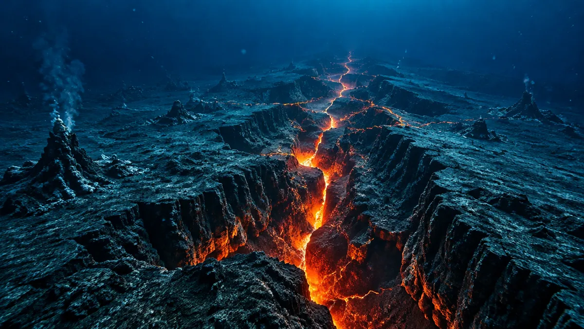 Mid-Atlantic Ridge on the ocean floor with a rift glowing with magma