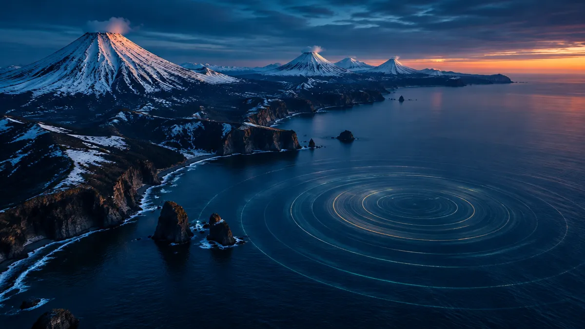 Kamchatka coast with volcanoes and wave rings spreading across the sea