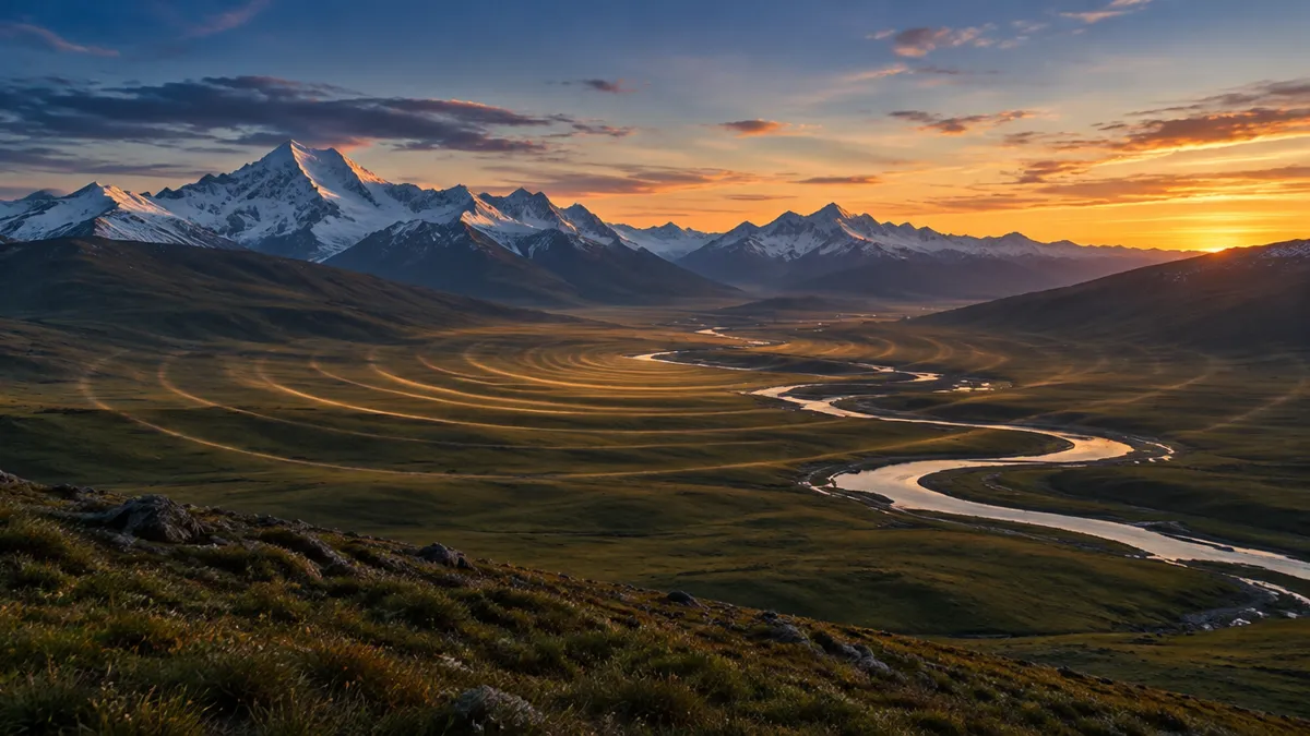 The high Tibetan Plateau at dusk with snow-capped ridges