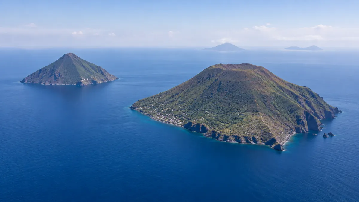 The volcanic Aeolian Islands rising from the Tyrrhenian Sea in soft light