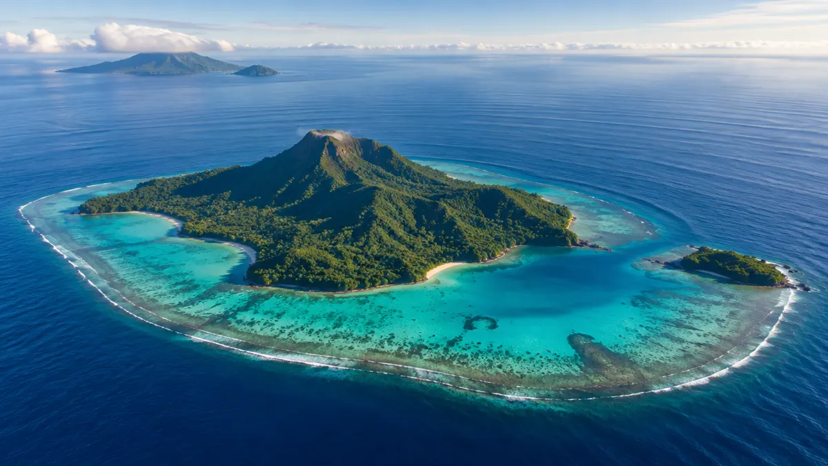 Green volcanic island in the Pacific with a lagoon and faint ripples spreading across the ocean