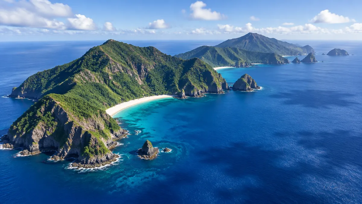 Green volcanic islands in the western Pacific surrounded by deep blue ocean